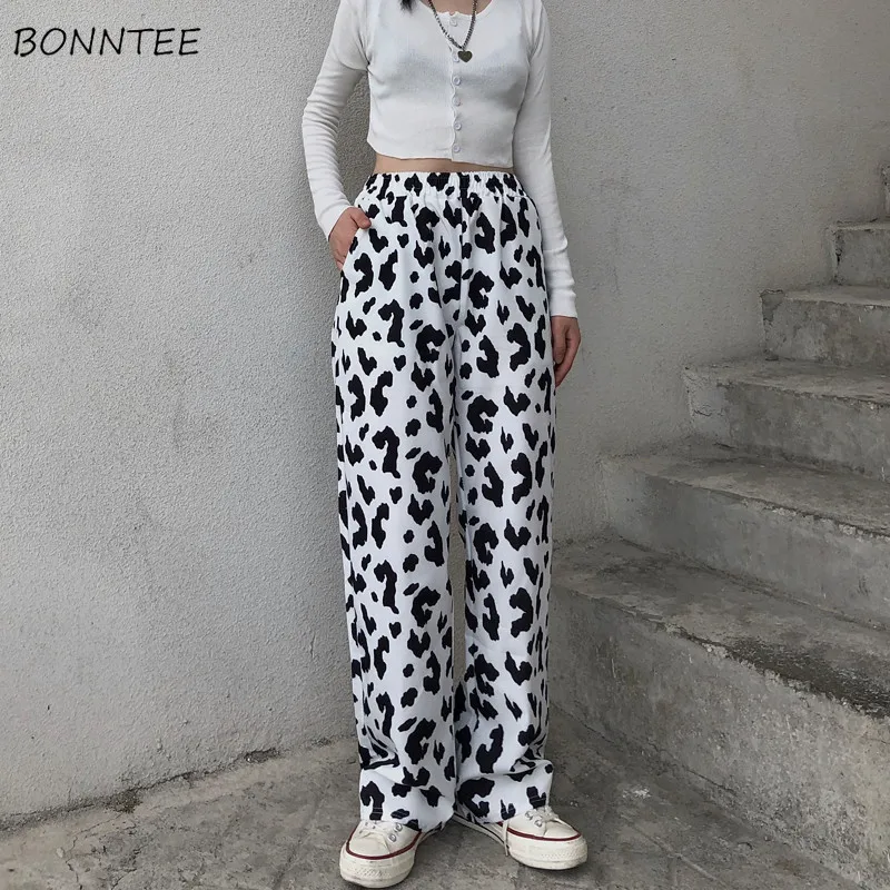 

Women Casual Pants Cow Printed Wide Leg Full Length Loose Harajuku High Street Korean Style Ins Students Daily Female Spring Hot