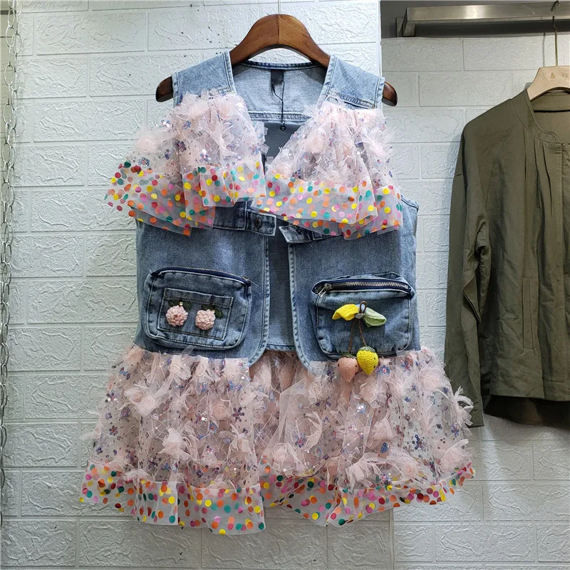 

Summer Women's Coat 2021 European Style Vacation Pink Embroidery Lace Stitching Denim Vest Female Lady Causal Waistcoat