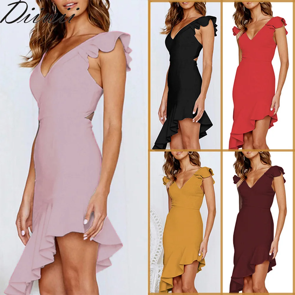 

Diiwii Party Dress Women Backless Hollow Out Ruffles Slim Sexy Summer Bodycon Polyester Solid Color Casual Loose Large Size