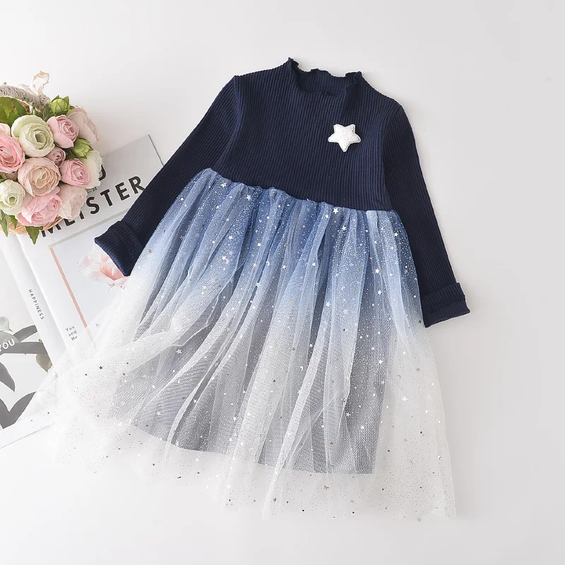 

Sweet Girls Princess Dress New Spring Autumn Kids Party Costumes Casual Star Sequined Vestidos Mesh Baby Children Sweet Clothing