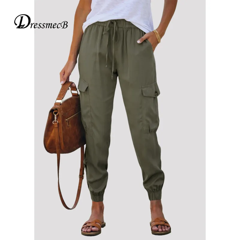 

Dressmecb однотонные повседневные длинные брюки для женщин одежда на пуговицах с высокой талией Карманы Брюки женские уличные брюки-карандаш ...