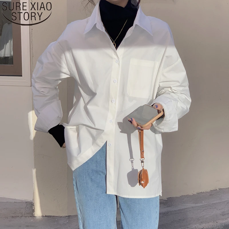 

2021 New Oversize Long Shirt Women Tops and Blouses Spring Korean Loose White Long Sleeve Shirt Casaul Pocket Blusas Mujer 13155
