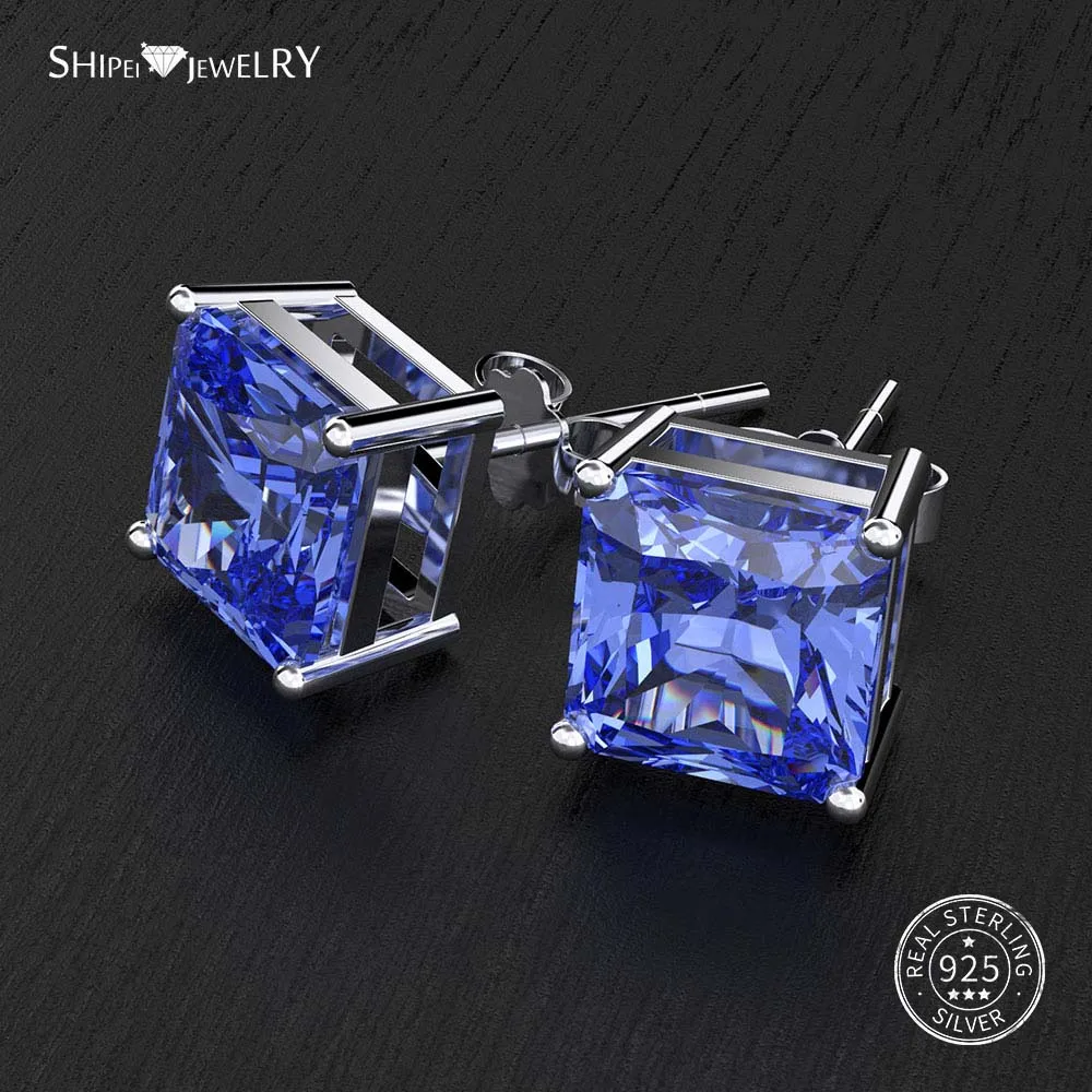 Sapphire ShiPei Стерлинговое Серебро пробы розовый белый желтый сапфир рубин изумруд Asscher серьги гвоздики для женщин подарок на день рождения хорошее ювелирное изделие - Цвет камня: Sapphire