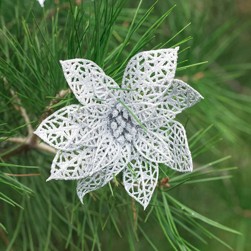 10Pcs Glitter Hollow Wedding Party Christmas Decor Flowers Xmas Tree Decoration Flower Ornaments 3 Colors | Дом и сад