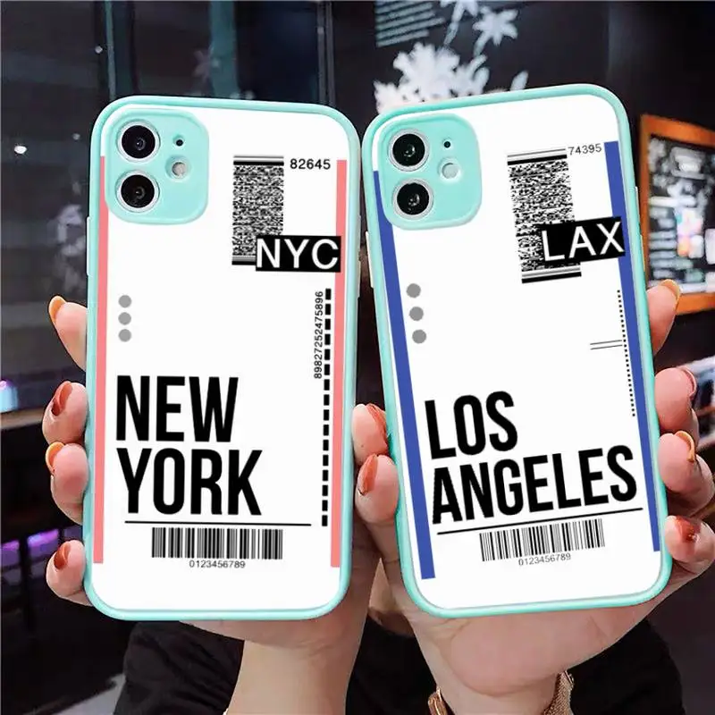 

Air ticket USA city Travel Phone Case Matte Transparent for iPhone 7 8 11 12 s mini pro X XS XR MAX Plus Clear mobile bag Funda