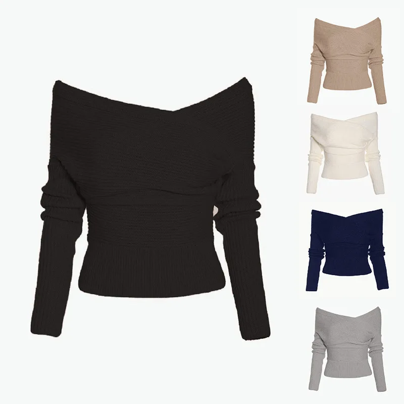 Winter Warm Fashion Womens Long Sleeve Off Shoulder Sweaters Knitted Top Pullover Sweater Jumper Slim Slash Neck Knit Sweaters drop shoulder open knit jumper