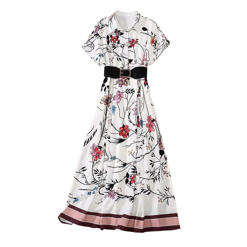 

2020 New Runway Summer Woman Maxi Dress Elegant Short Sleeve Sashes Floral Print Long Dresses Vestidos