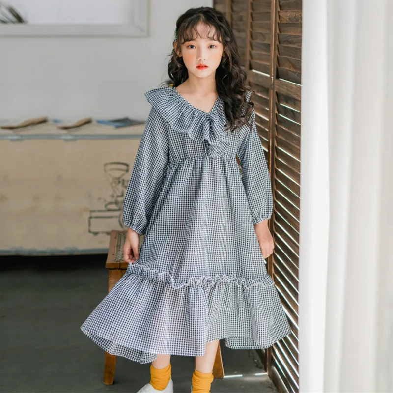 

2020 Spring New Style V-neck Girls Dresses Plaid Baby Girls Dresses Fashion Long Style Elegant Kids Dresses for Girls, #8276
