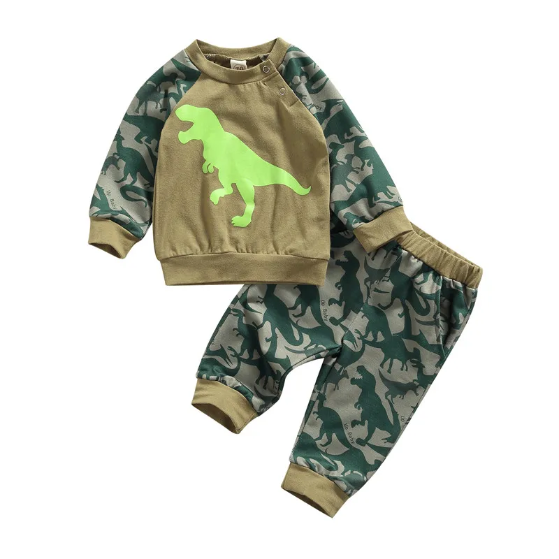 

Baby 2Pcs Fall Outfits Trendy Dinosaur Print Long Sleeve Tops and Elastic Waist Pants Set