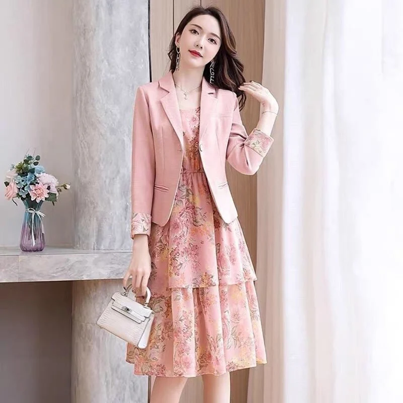 

Office Lady Elegant Thin Blazers + Floral Print Chiffon Sleeveless Strap Dress Suit Spring Fashion Two Piece Sets Women Outfit