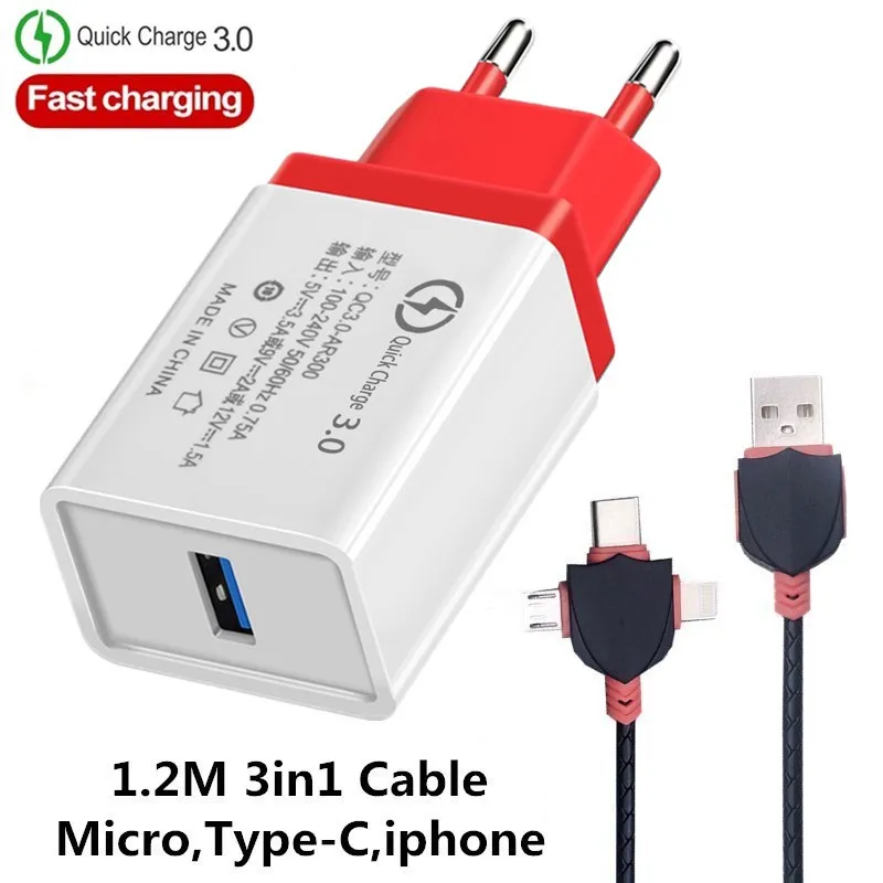 EU Red 3in1 Cable EU/US быстрое зарядное устройство QC 3,0 для мобильных телефонов через USB кабель для зарядного устройства для быстрой Зарядное устройство стены Зарядное устройство для samsung Xiaomi huawei iphone X, 6, 7, 8, 11 Зарядное устройство - Тип штекера: EU Red 3in1 Cable