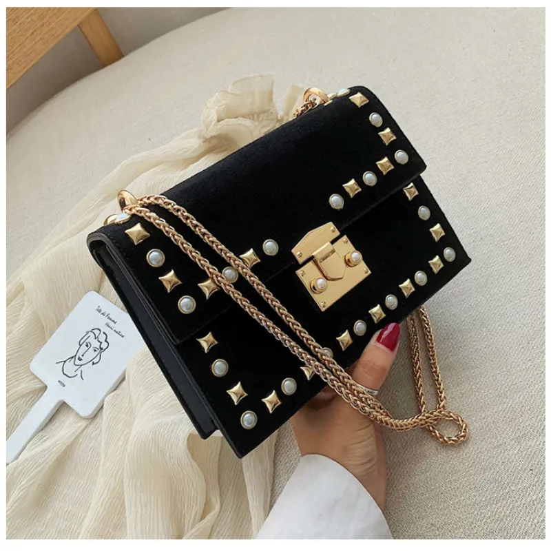 Velvet 2 Black Маленькая прозрачная брендовая дизайнерская женская сумка, новая модная сумка-мессенджер, сумка на плечо с цепочками, бархатная прозрачная квадратная сумка из искусственной кожи с заклепками - Цвет: Velvet 2 Black