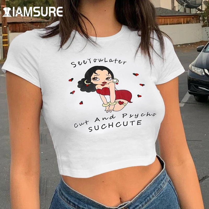 

IAMSURE Casual Slim Cartoon Print Tshirts Women 2021 Fashion O-Neck Short Sleeve Crop Tops High Street Cotton Tees Y2K Aesthetic