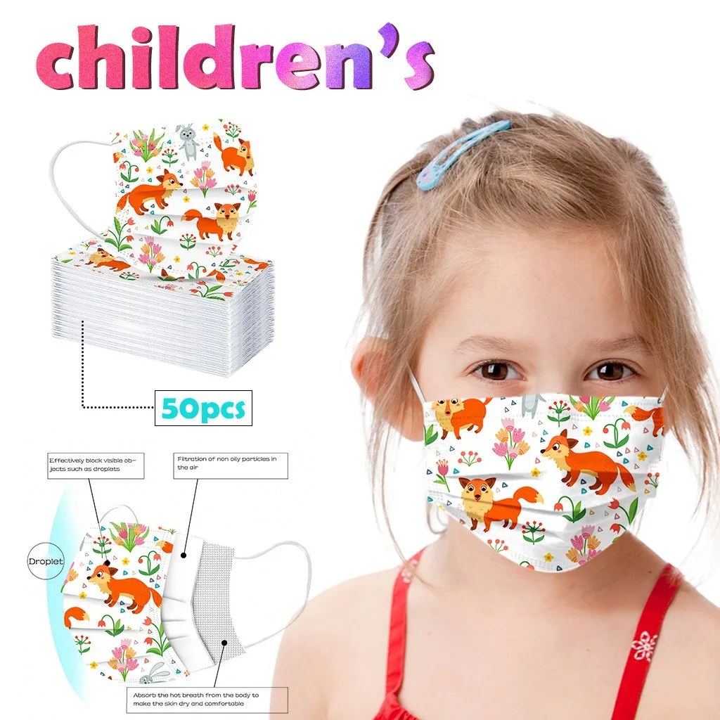 

50/100PCS One Time Non-woven Face Mask Fashion fox Print Children Breathing Mouth Cover Disposable Mouth Mask Masque Mariage