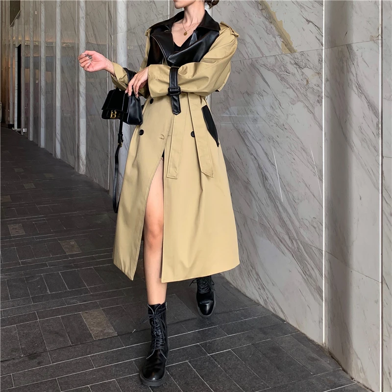 

High fashion patchwork Women trench outerwear Manteau Streetwear slim fit korean trench overcoats