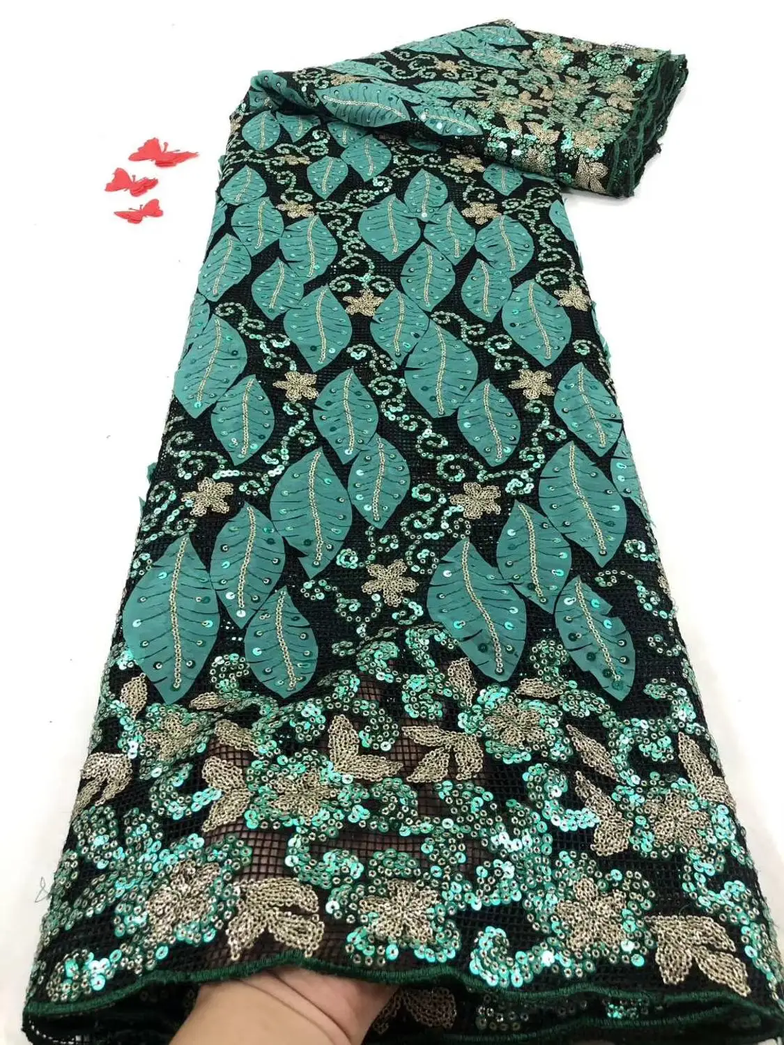 

Popular Multi-Color Sequined Embroidery Lace Fabrics Delicate Leaves Plant Flower Embroidery Lining Costume Wedding Dress Fabric