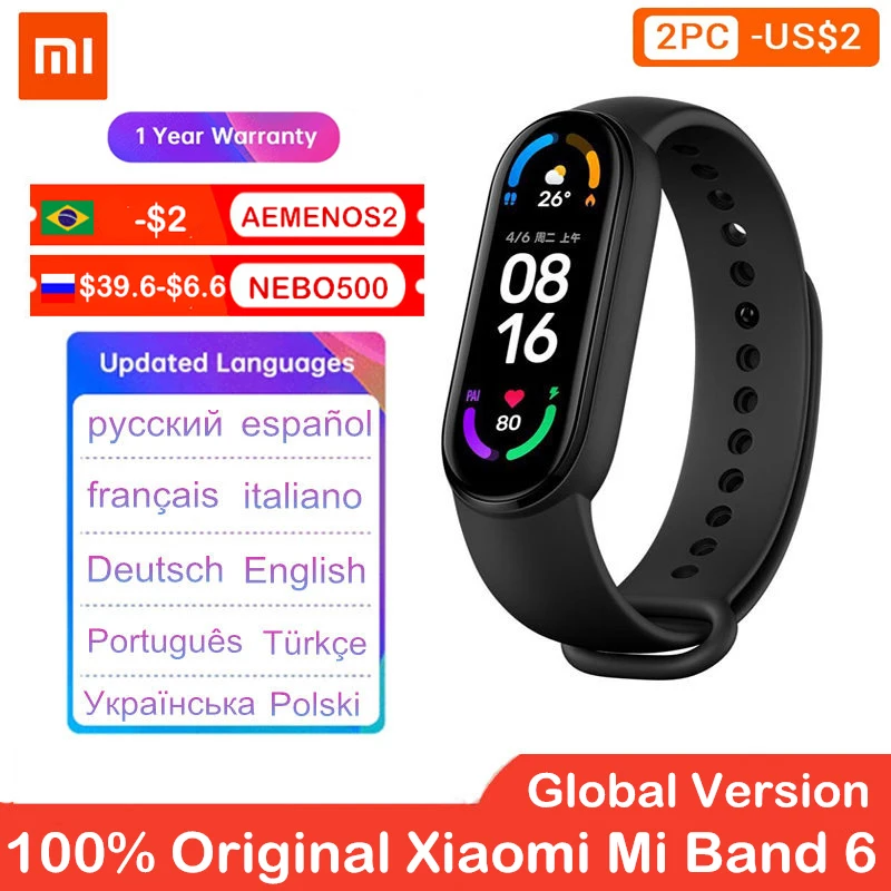 

Оригинальный спортивный браслет Xiaomi Mi Band 6, фитнес-трекер сердечного ритма, смарт-браслет Miband 6 с AMOLED экраном 1,56 дюйма, 5 цветов