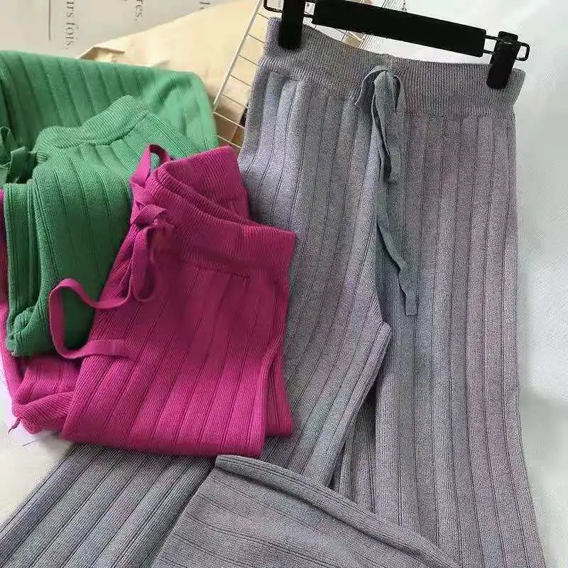 

Autumn Winter Casual Knitted Pants For Women Streetwear Drawstring Waist Straight Long Pants Lady Candy Color Trousers
