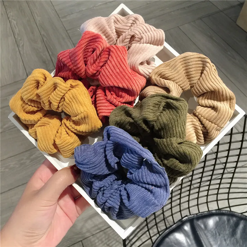 

Vintage Women Warm Corduroy Big Hair Elastic Scrunchies Solid Soft Hair Gums Striped Fabric Rubber Bands for Hair Bun