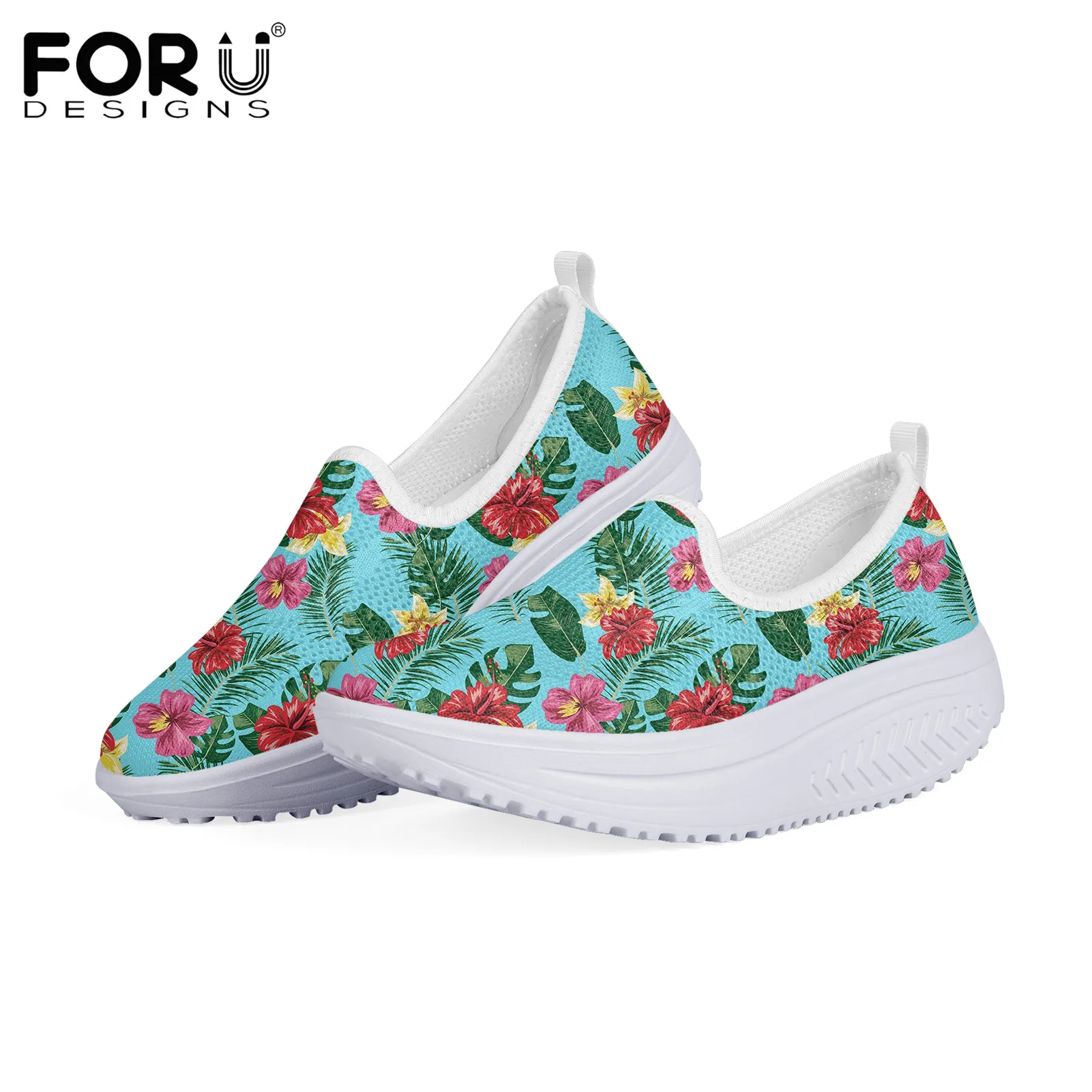 

FORUDESIGNS Tropical Hawaii Hibiscus Pattern Breathable Summer Mesh Flats Platform Swing Shoes Height Increasing Sneakers