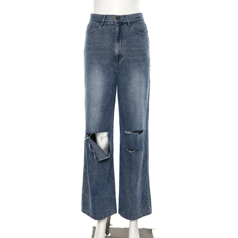 

High Waist Jeans Women Streetwear Straight Jean Loose Destroyed Hole Denim Mopping pants Casual Vintage Wide leg Jeans Trousers