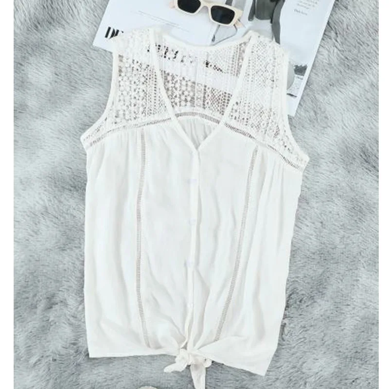 

2021 European and American summer new women's hollow lace vest sleeveless knotted chiffon V-neck shirt