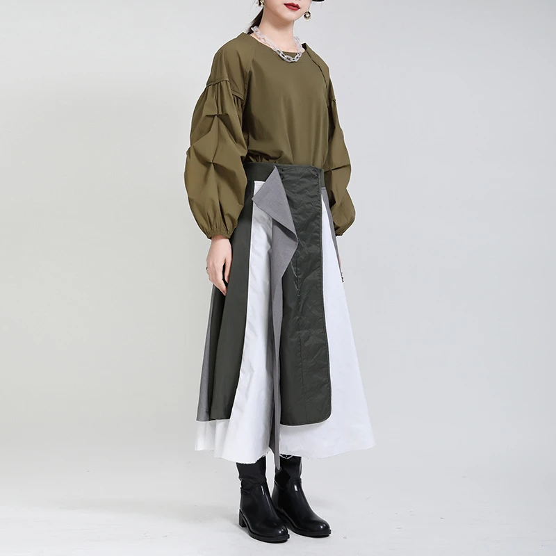 

High Elastic Waist Contrast Color Irregular Yellow Half-body Skirt Women Fashion Tide New Spring Autumn 2021