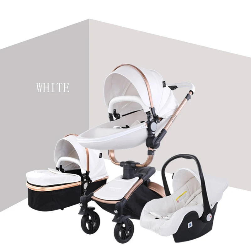 White three-in-one Кожаная складная детская коляска 3 в 1 может лежать на 360 ° вращающаяся амортизирующая четыре колеса многофункциональная детская коляска - Цвет: White three-in-one