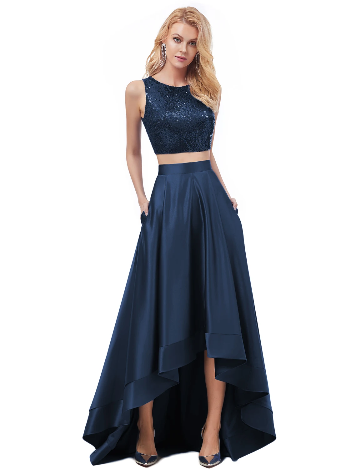 Vivian's Bridal Весенняя мода Sequin Crop Top вечернее платье, пикантное асимметричное платье с открытой спиной и высокой низкой атласной юбкой, платье для выпускного вечера