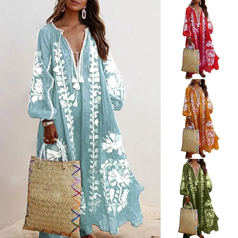 

ZOGAA Loose Fit Long Sleeve Flower Dress Tassel VNeck Beach Sundress Fashion Lace-up Tassel Casual Long Dress Women Autumn Dress