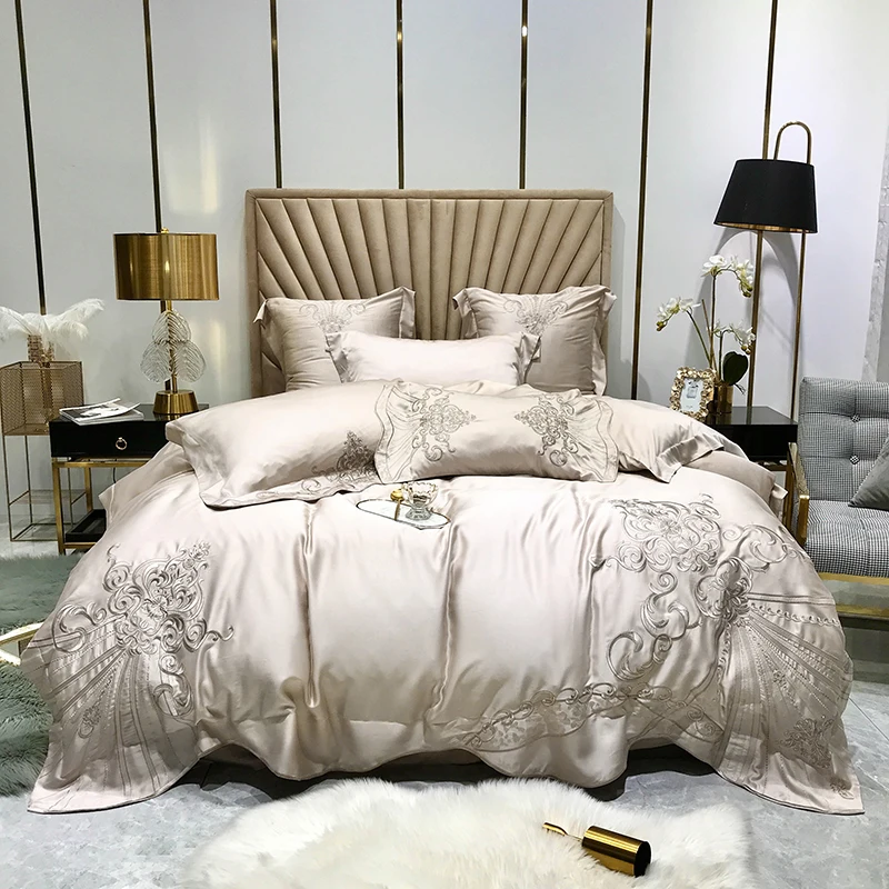 

New 4/7pcs Tencel Duvet Cover Sets King Queen Size Bedding Sets Pillowcases palace emroidery bed cover Bed Linen