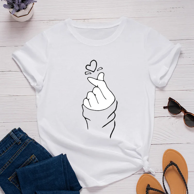 

Finger Heart Print Women T Shirt Short Sleeve O Neck Loose Women Tshirt Ladies Fashion Tee Shirt Tops Clothes Camisetas Mujer