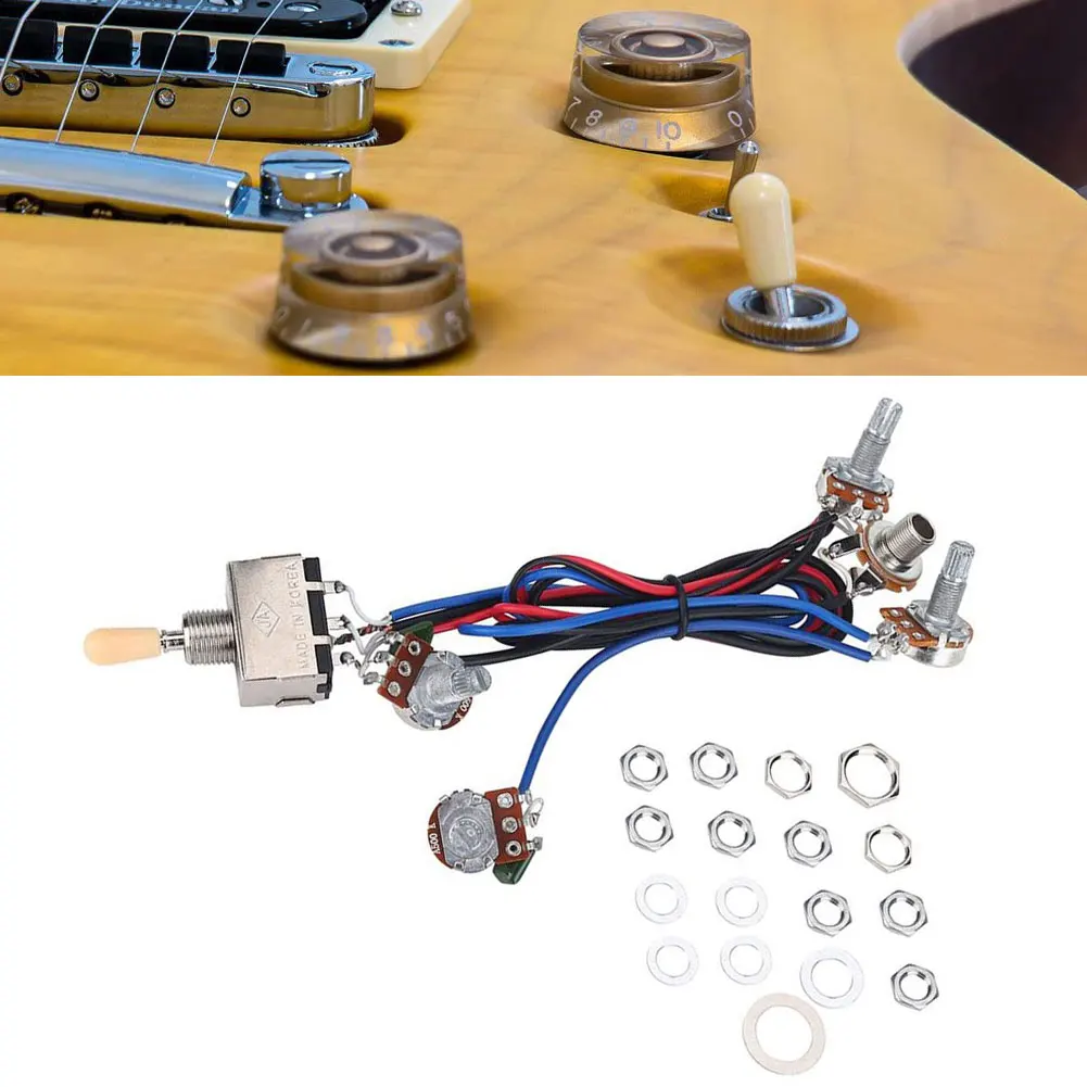 

Electric Guitar Wiring Harness Prewired Kit 2T2V A500k B500K 18mm Shaft Big Pots 3 Way Switch Volume Tone Control Wiring Harness
