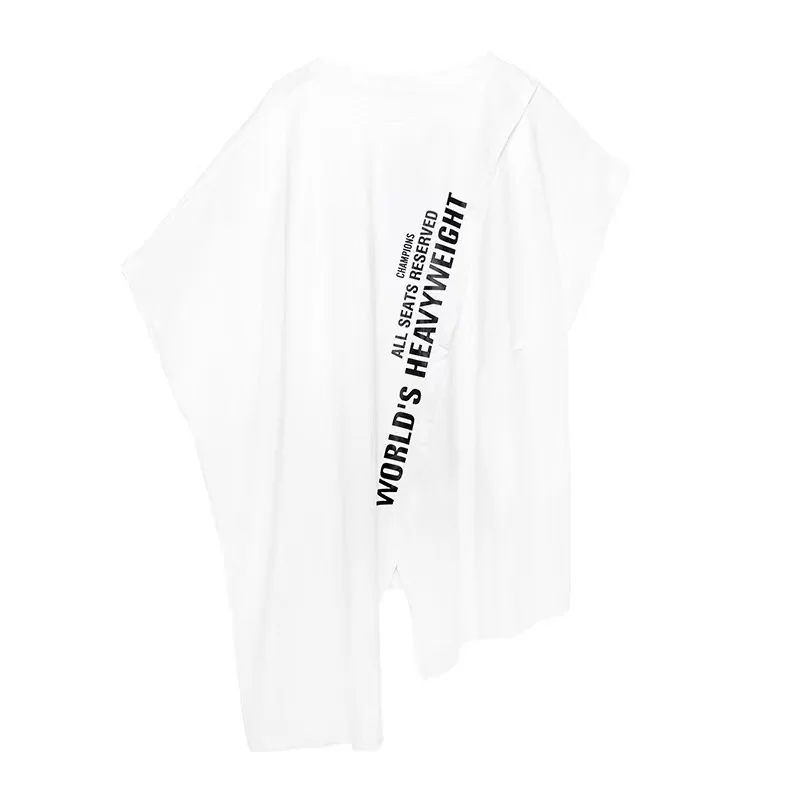 

T-Shirt Women Summer Loose Slimming Medium Long Alphabetic Print Design Irregular Short Sleeve Clothes