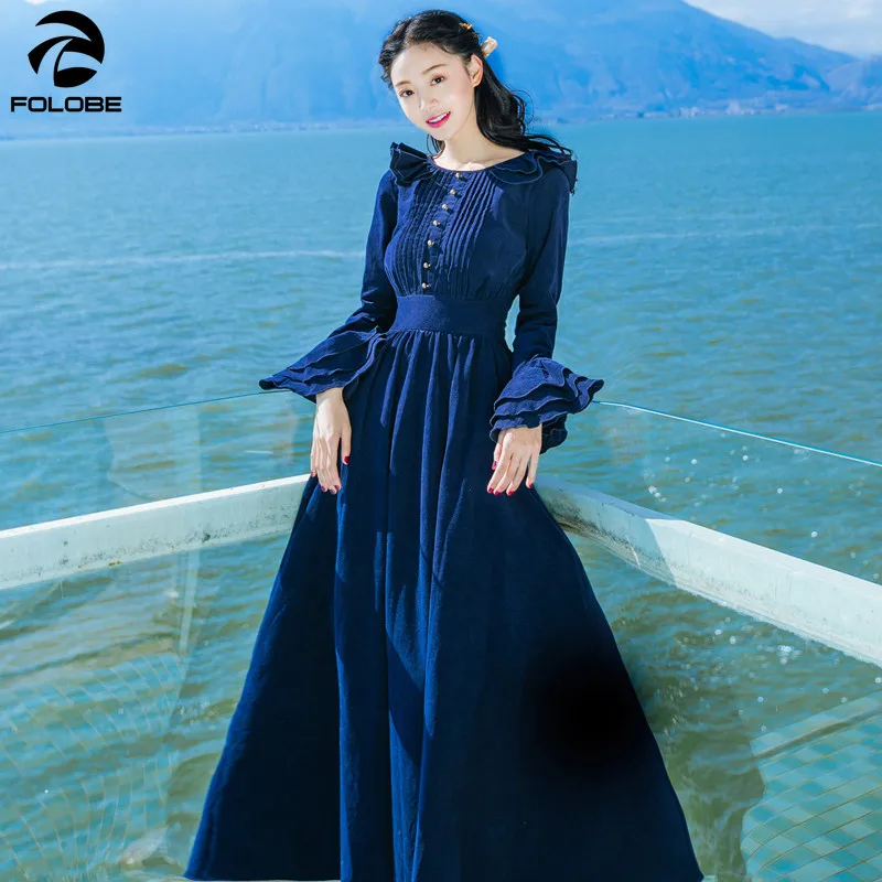 Autumn and Winter Retro Corduroy Flared Sleeve Dress Red Big Swing Holiday Long Skirt Was Thin Waist Temperament Fairy | Женская одежда