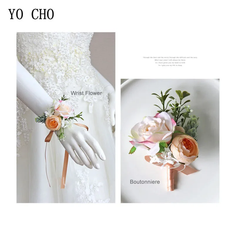 YO CHO Wedding Boutonniere Bride Wrist Corsage Silk Rose Bridesmaid Flower Girl Bracelet Sister Men Brooch Flowers |