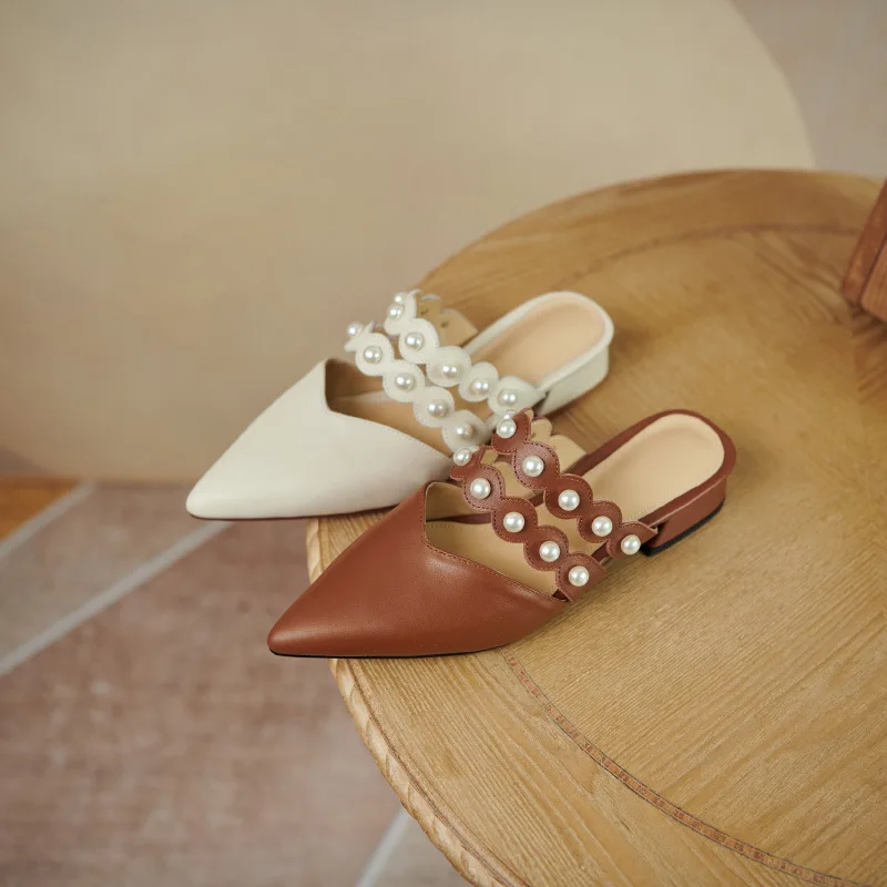 

Female Shoes Ladies' Slippers Cover Toe Square heel String Bead Low 2021 Block Slides Rubber Hoof Heels Retro Rome PU Basic