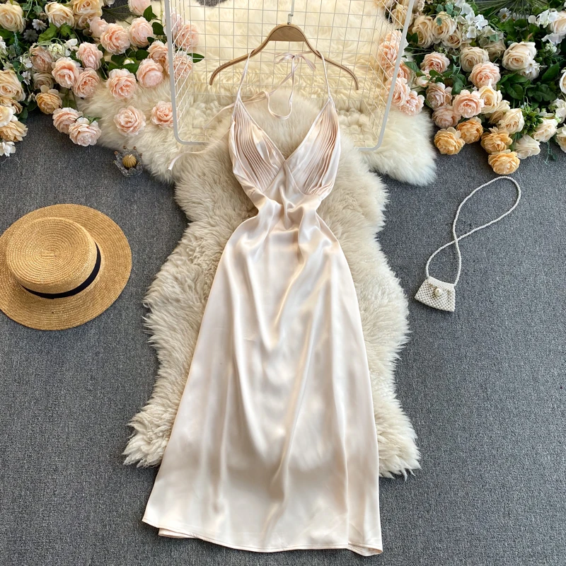 

Elegant Women Satin Strap Dress Sexy Backless Lace Ladies Evening Dress Solid V-Neck Pleated Robe Female Vestidos Summer