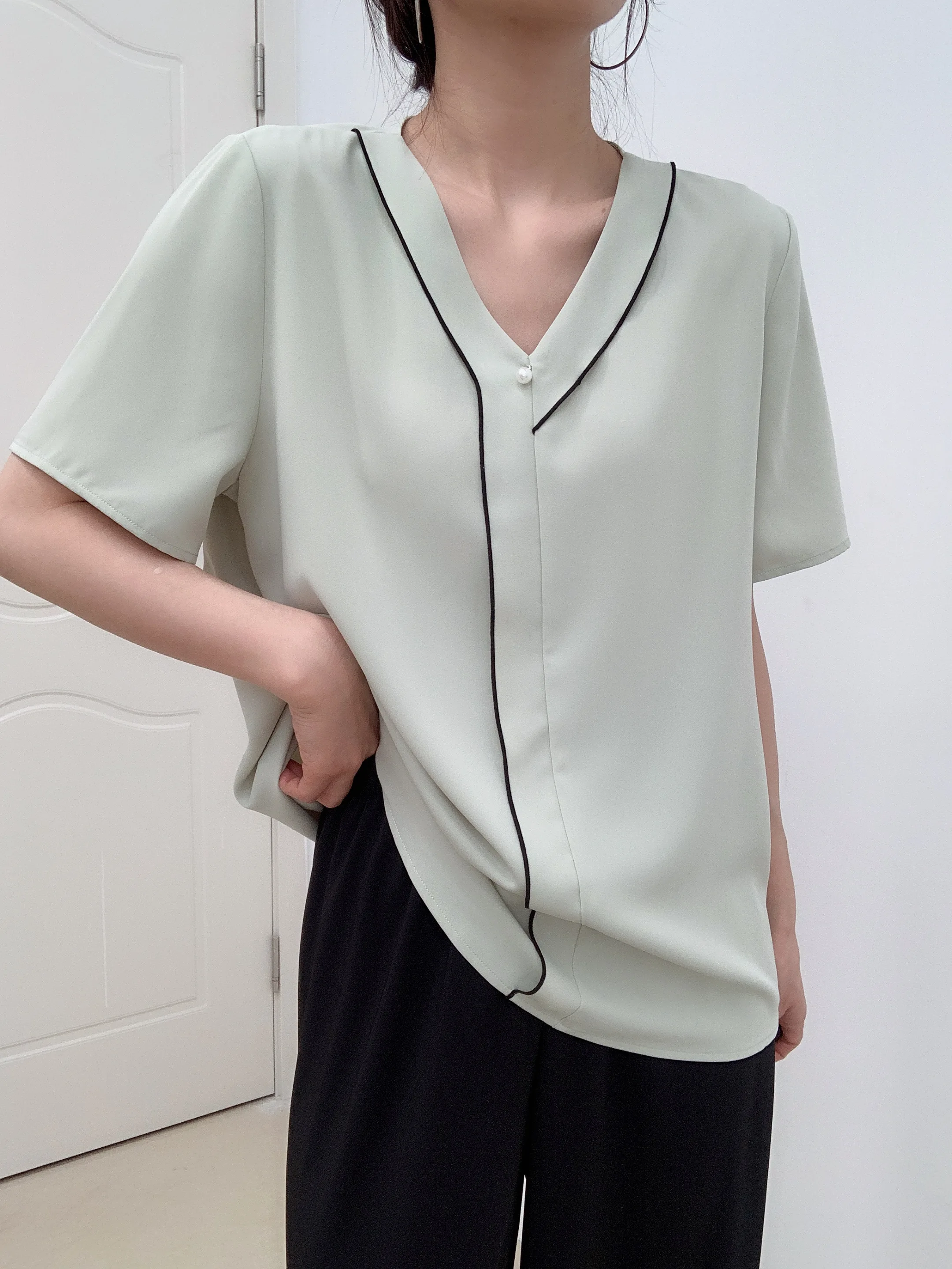 

Summer nine-point top women's v-neck summer shirt short-sleeved t-shirt women's retro ribbed solid color thin top