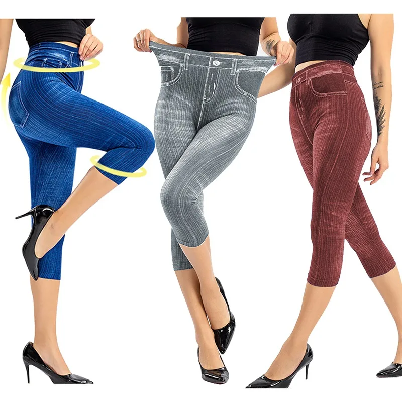 

Faux Jeans Leggings Woman Stretch Printed Short Leggins Pants Summer Breeches High Waist Perfect Fit Jeans Jeggings