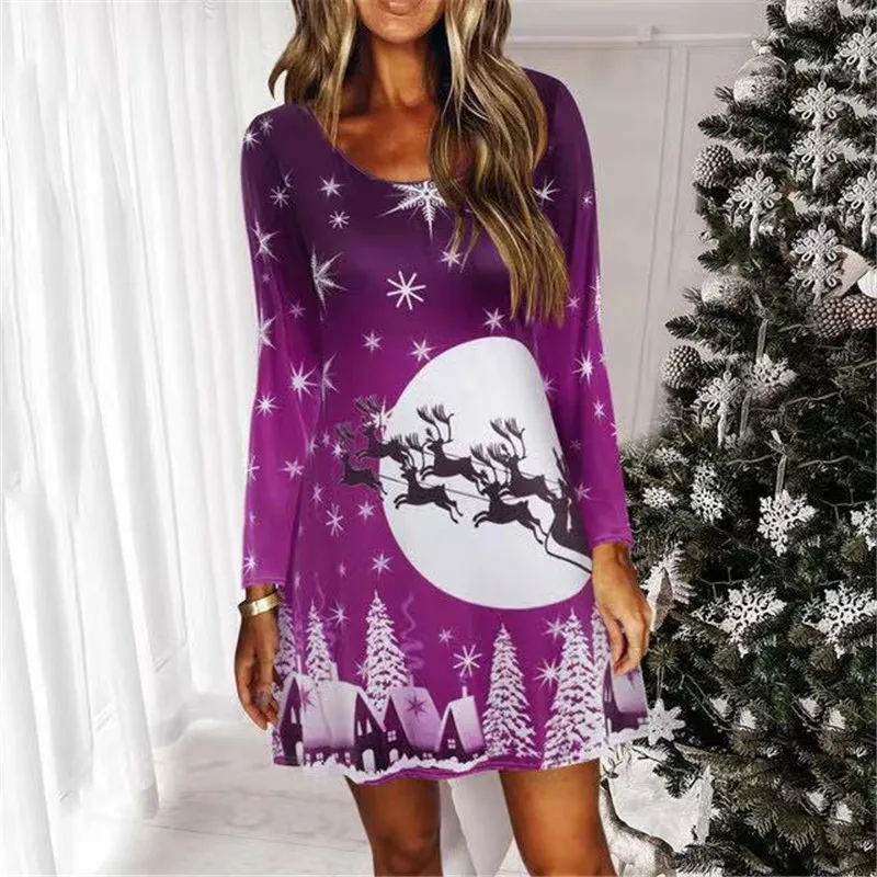 New Year Party Dress 2021 Autumn Winter Women Long Sleeve Print Loose Casual Mini Dress Elegant Sweet Christmas Dresses Vestidos