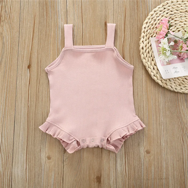 

2020 New Baby Summer Clothing Toddler Baby Girl Ruffle Knitted Ribbed Ruffled Bodysuit Jumpsuit Sleeveless Solid Outfits Clothes