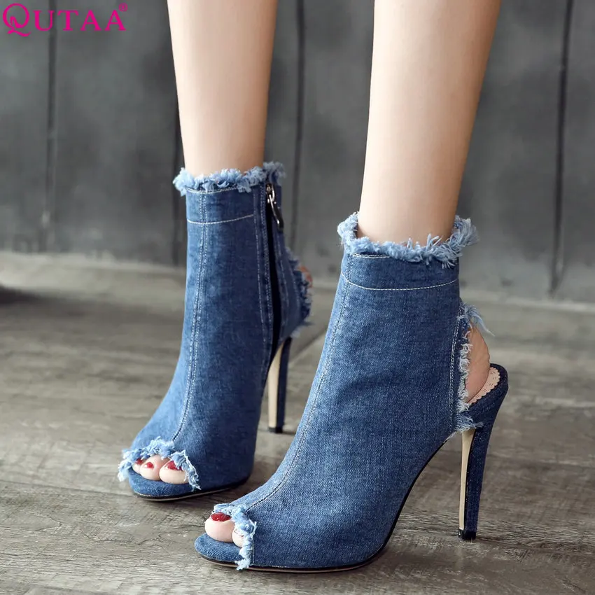 Женские джинсовые туфли на молнии QUTAA синие лодочки платформе с открытым носком