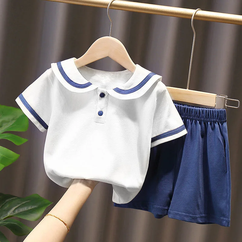 

2022 School Style Navy Collar Summer T-shirt+Shorts 2Pcs Baby Boy Clothes Kids Clothes Girl Children Clothing Sets