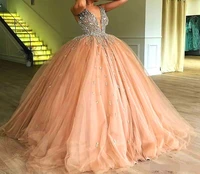 champagne tulle ball gown quinceanera dresses 2020 vestidos robe de bal elegant beaded crystal deep v neck sweet 16 prom dress