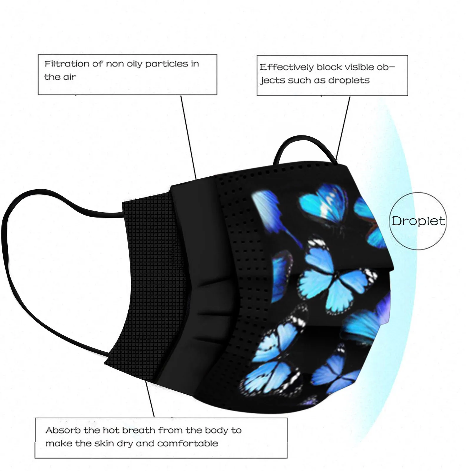 

Adult Women And Men Fashion Colorful Gradient Butterfly Mouth Cover Mask Disposable Face Mask Industrial 3Ply Non-Woven 50PCS