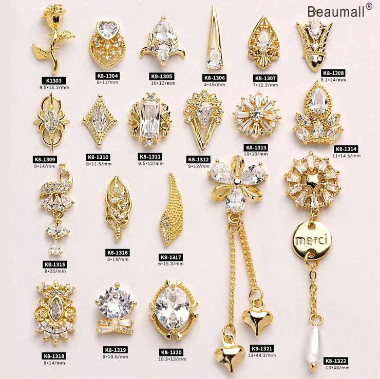 

3PCS, 3d Nail Art Elegant Shapes Gold Alloy With Zircon Crystal Rhinestones For Nail Tips Decorations
