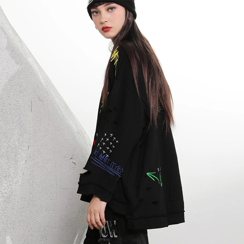 Max LuLu модные корейские женские осенние панк уличные женские свободные толстовки с дырками Повседневные свитера большого размера с вышивкой