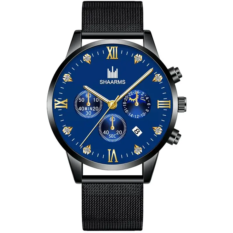 Модные черные мужские часы с бриллиантами и римскими цифрами сетчатые из