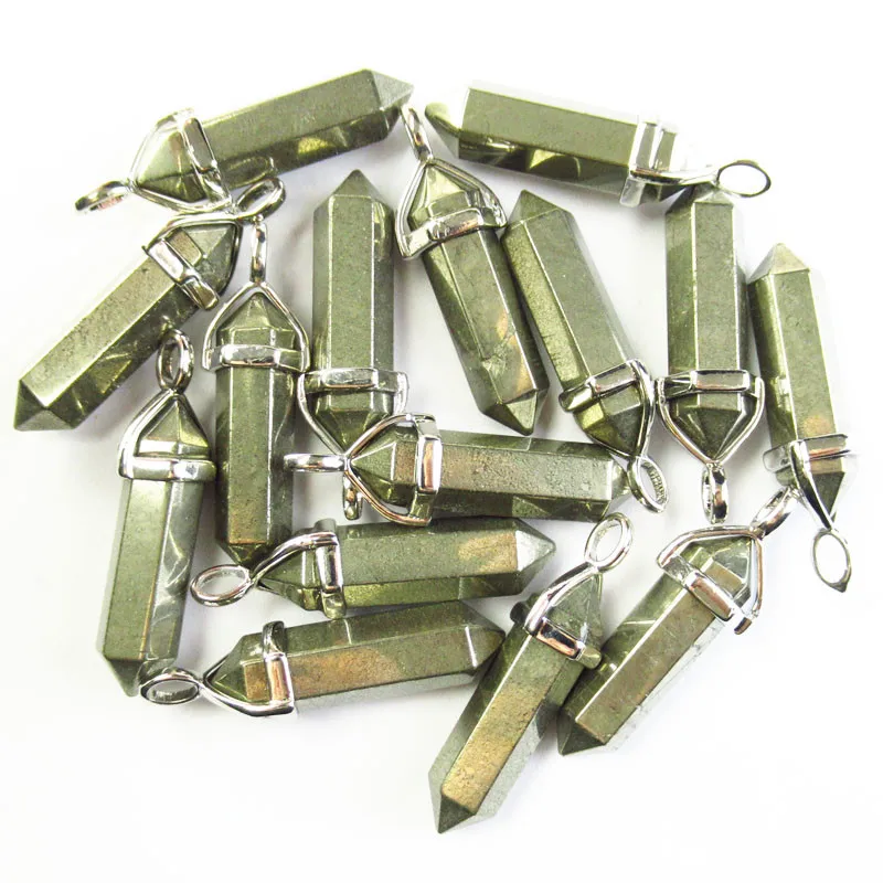 

5Pcs 38g Faceted Wrapped Natural Pyrite Hexagonal Point Pendant Bead 40x8mm SH6930